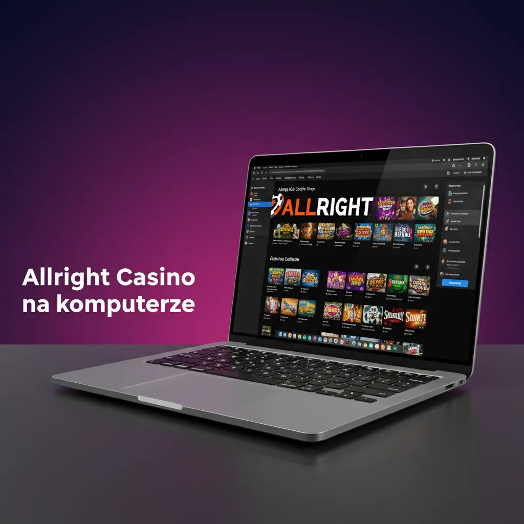Ekran komputera z Allright Casino w przeglądarce; brak dedykowanej aplikacji, pełny katalog gier, szybkie ładowanie